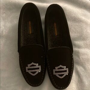 Black Loafers with Rhinestone Design Harley Davidson